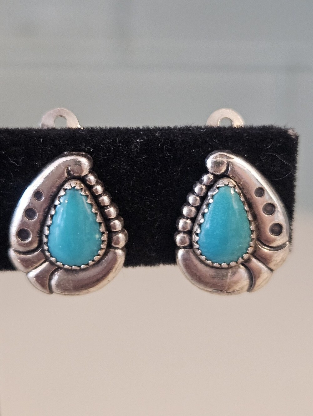 Vintage Navajo Sterling Silver Sleeping Beauty Turquoise Clip On Earrings .67"